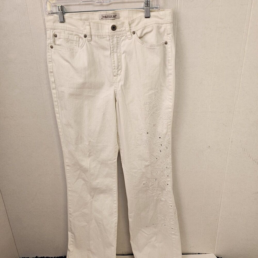 Women Jeanstar White Sequined Jeans Bell Bottom Flare Sz 10 Embroider Retro T388